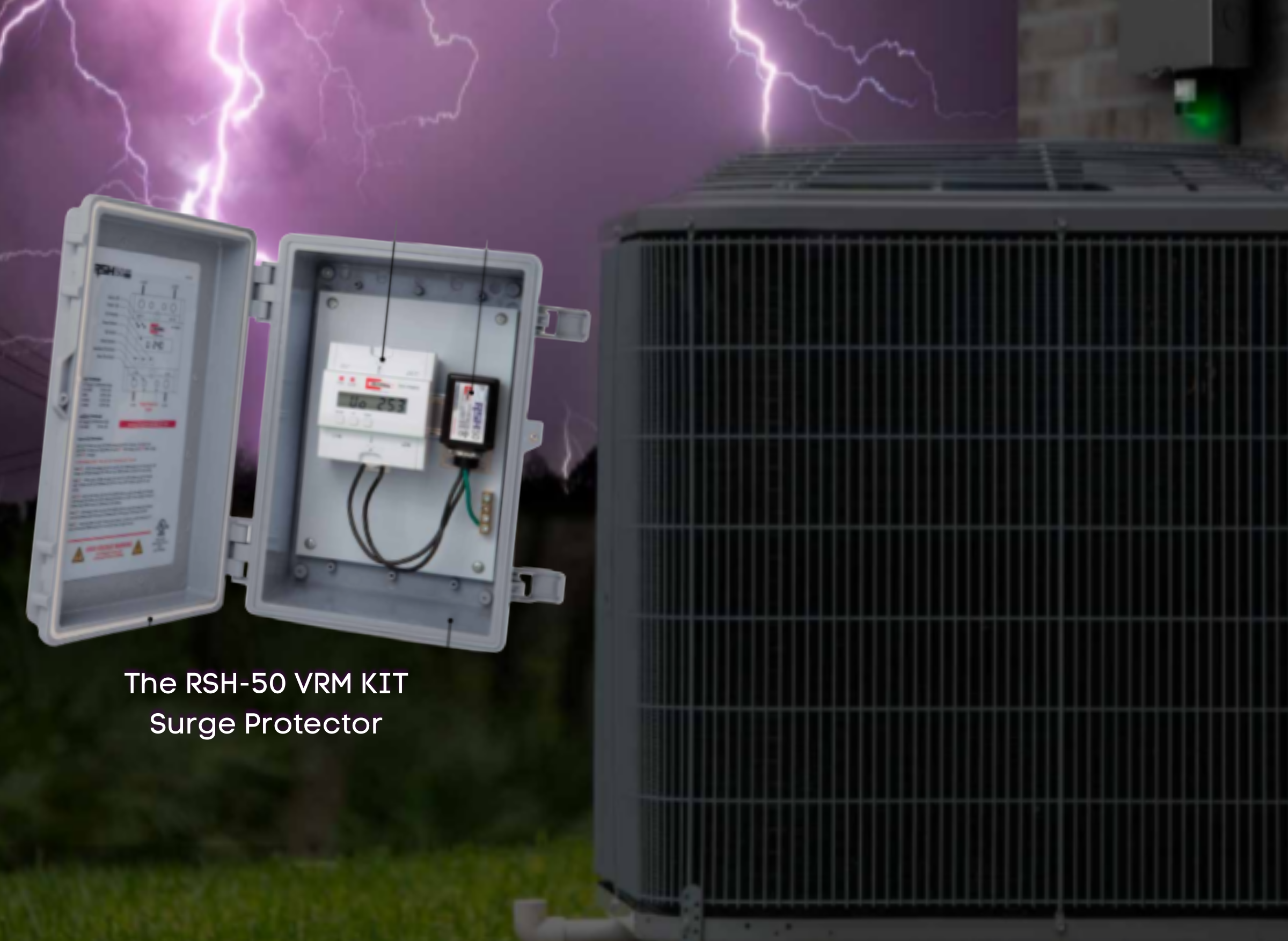 The RSH-50 VRM KIT Surge Protector alongside an outdoor AC unit during a storm.