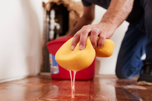 Someone cleaning up a puddle of water with a sponge.