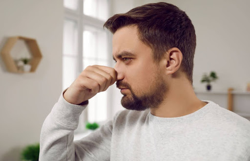 Homeowner plugging nose because house smells bad.